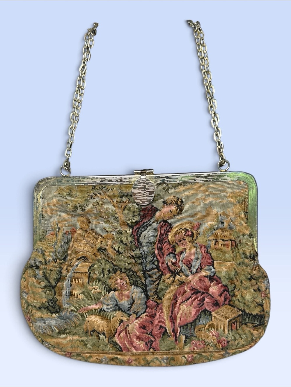 VTG Tapestry Purse Pastoral Courting Couple Handbag Made in Hong Kong Pristine